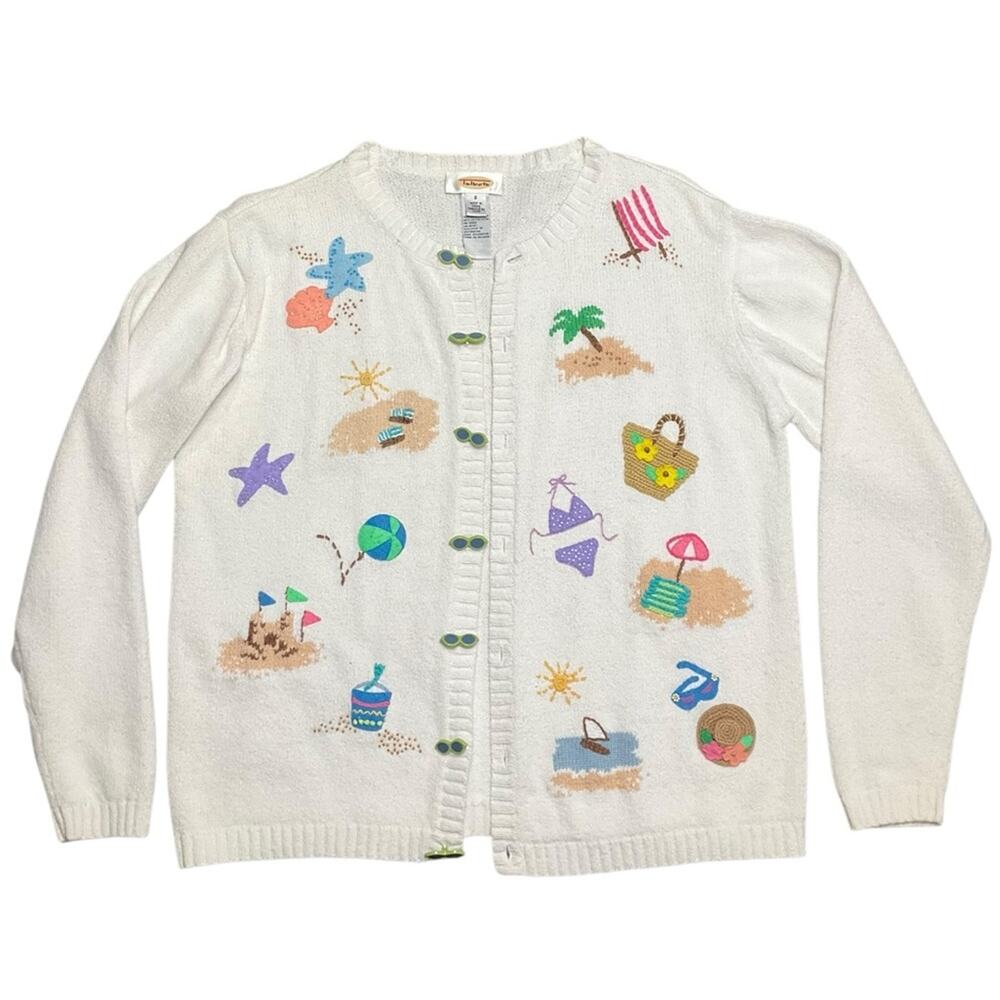 Talbots Women’s White Cardigan Beach Theme Sweater Vintage Size Small EUC
